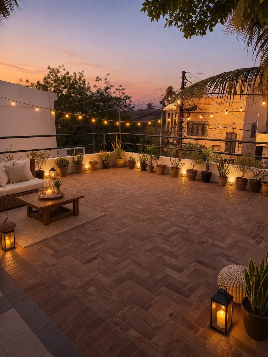 Outdoor balcony area with comfortable seating