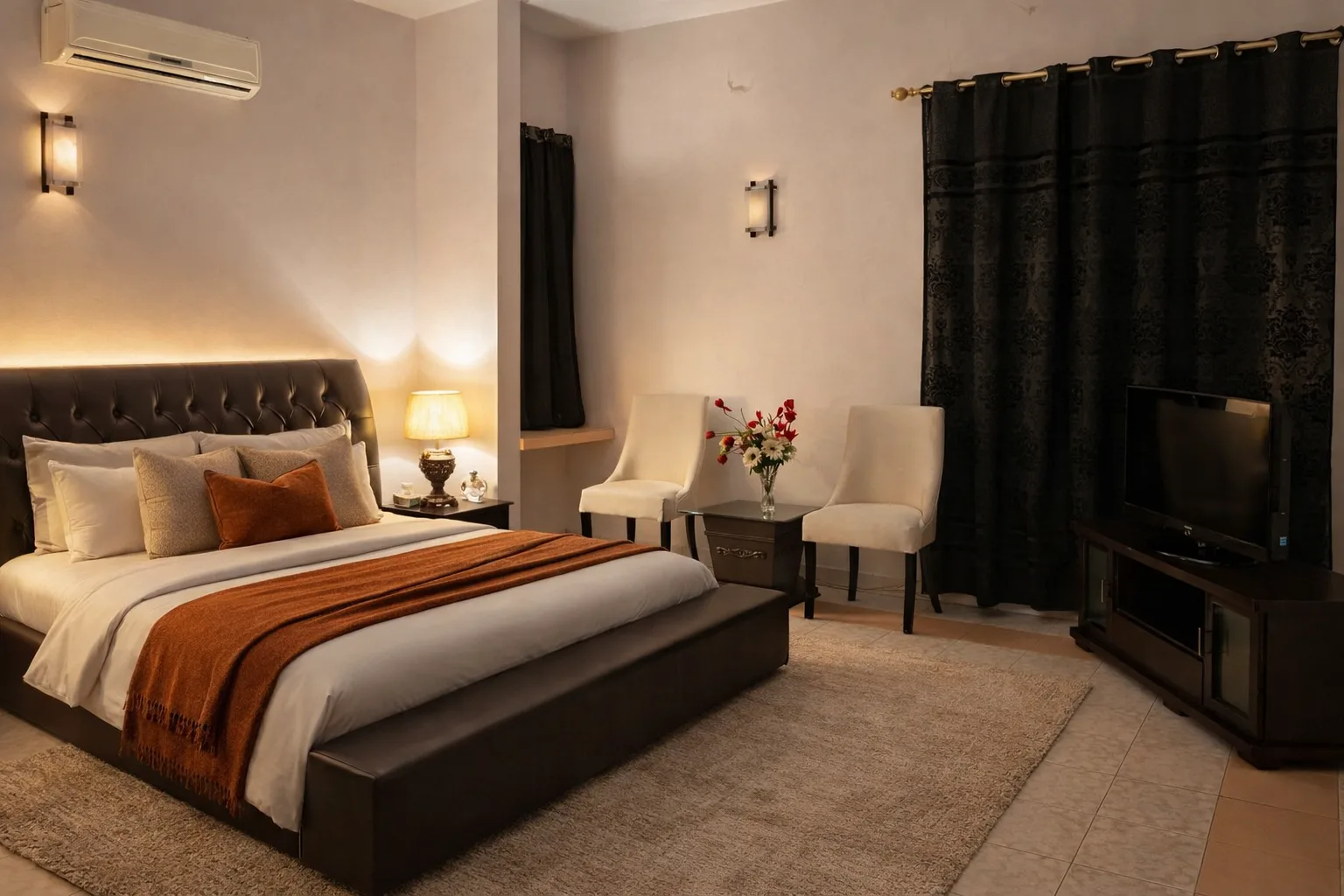 Main bedroom with warm natural lighting and wide layout